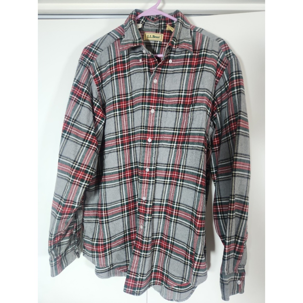 LL Bean Flannel Shirt Mens L Gray Plaid Button Down Long Sleeve Cotton Outdoors